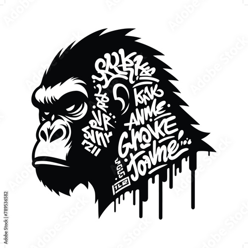 gorilla silhouette, animal graffiti tag, hip hop, street art typography illustration. photo