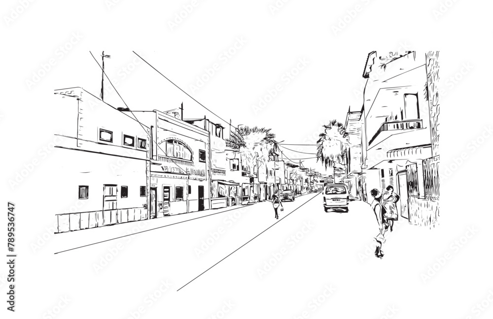Building view with landmark of Santa Maria Cape Verde is the city in Cape Verde. Hand drawn sketch illustration in vector.
