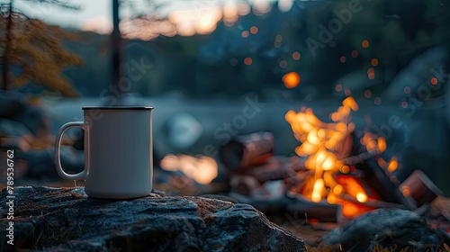 An 11 oz blank white mug mockup against a camping scene near a bonfire. Experience the cozy ambiance of nature with every sip. © pvl0707