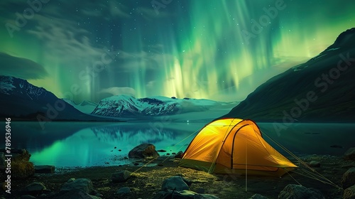 A tent under a green aurora sky near a lake photo