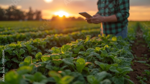A farmer in a field during sunset using a tablet that shows a sophisticated agricultural app with real-time data on crop viability and environmental conditions. photo