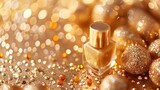 a golden manicure adorned with glitter and diamonds. A nail polish bottle and fashionable accessories