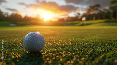 Sunset on the golf course with close-up of golf ball on the tee, a serene summer evening
 photo