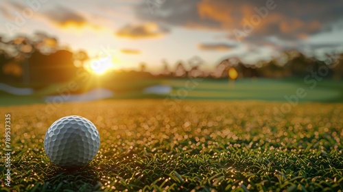 Sunset on the golf course with close-up of golf ball on the tee, a serene summer evening 