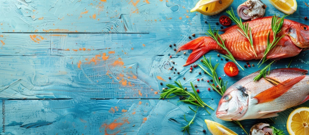 Fototapeta premium Assortment of fresh fish and herbs on a blue wooden backdrop with room for text.