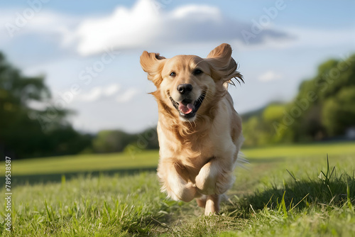 Portrait of a golden retriever running in the park. Dog playing in the park.