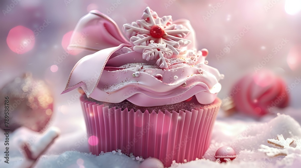 Vibrant Holiday Cupcake with Elegant Pink Bow and Snowflake Detail Vibrant Holiday Cupcake with Elegant Pink Bow and Snowflake Detail