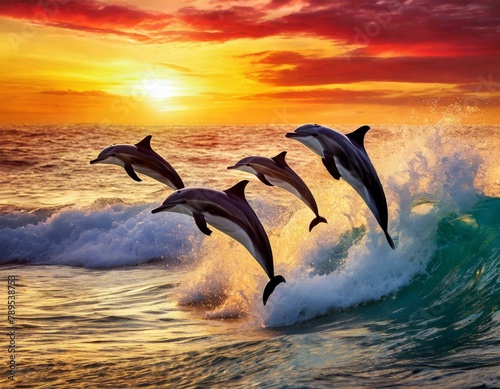 Delfine springen   ber Wellen im Meer bei farbintensivem Sonnenuntergang