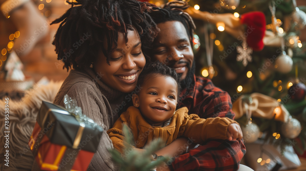 a black family of a man and a woman and their little child are smiling sincerely near a decorated Christmas tree and enjoying a family moment together a black family of a man and a woman and their little child are smiling sincerely near a decorated Christmas tree and enjoying a family moment together