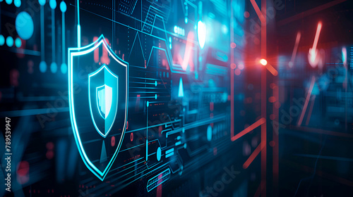 Cybersecurity theme, main object is a firewall icon on the left, surrounding details include network nodes, composition is balanced, lighting is high contrast, copy space on the right