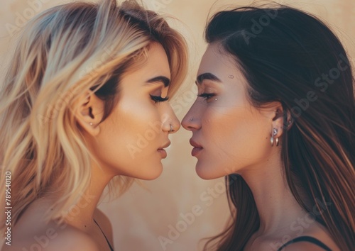 Portrait of two attractive attractive women with flawless skin complexion healthy lifestyle vitality isolated on gray pastel color background. They are very close and looking at each other.