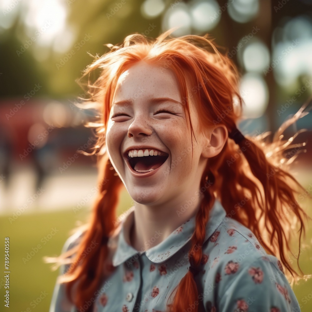 A red haired young girl with pigtails laughs very happily.