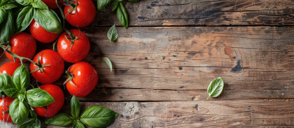 A top-down view of fresh tomatoes and basil from local farmers placed on a wooden table, with space for text. A top-down view of fresh tomatoes and basil from local farmers placed on a wooden table, with space for text.