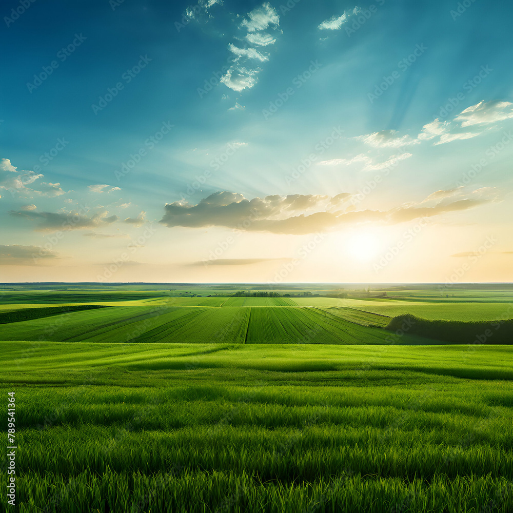 Title: Title: wide panoramic view of green agriculture field grass landscape green sunset horizon


