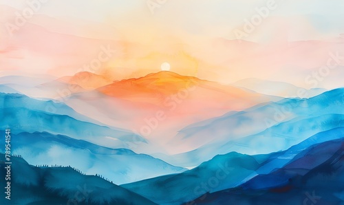 Capture the serene beauty of a traditional watercolor painting portraying a high-angle view of a colorful sunrise over a tranquil mountain summit, highlighting soft pastel hues and delicate brushstrok © NookHok