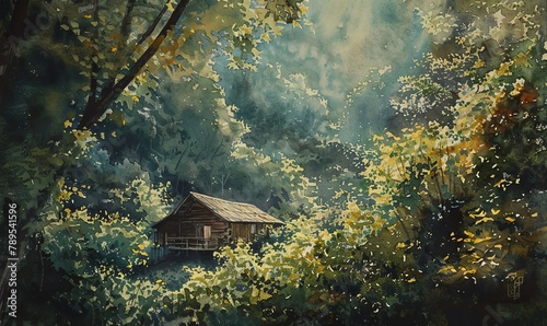 Capture the serene beauty of a solitary cabin nestled in a lush, densely forested valley using watercolor Emphasize the play of light filtering through the leaves