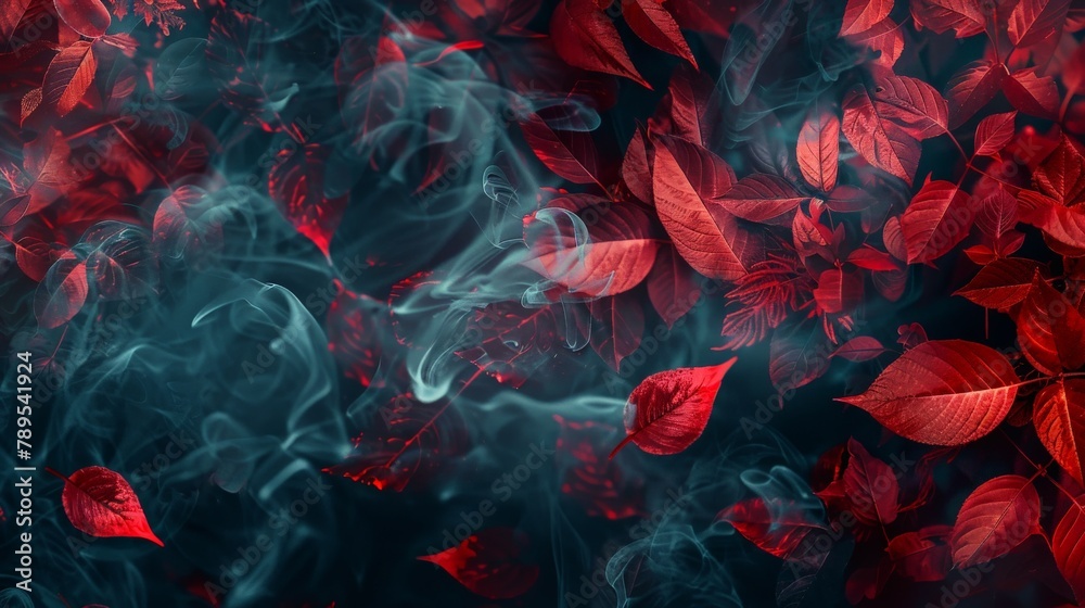 With a palette of vibrant autumn colors, the web design banner comes alive as red leaves mingle with wisps of color smoke, creating an immersive and mystifying atmosphere With a palette of vibrant autumn colors, the web design banner comes alive as red leaves mingle with wisps of color smoke, creating an immersive and mystifying atmosphere
