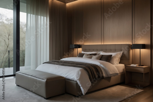 Zeitgenössisches Schlafzimmer mit gepolstertem Kopfteil, diskreter Beleuchtung und stilvoller Sitzbank photo