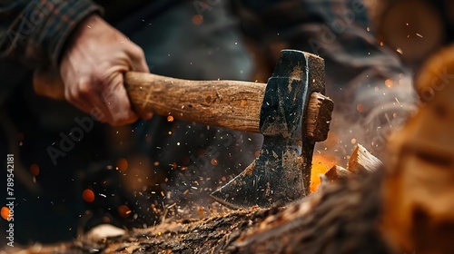 A close-up of someone chopping firewood with an ax shows the intense, physical action involved in this task. An ax over the firewood, dividing it into smaller pieces.