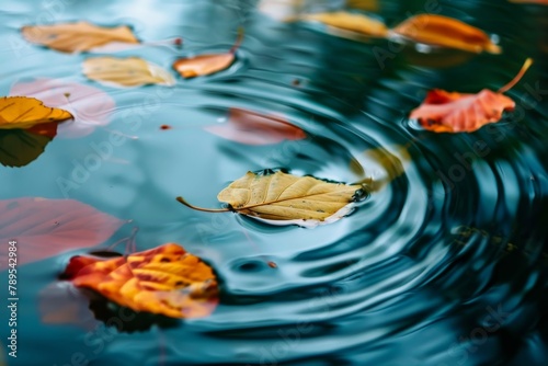 Foglie che galleggiano dolcemente sulla superficie di uno stagno, con una sensazione di leggerezza e tranquillità photo