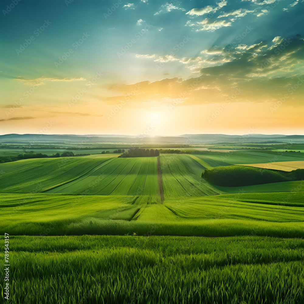 Obraz premium Title: Title: Title: wide panoramic view of green agriculture field grass landscape green sunset horizon
