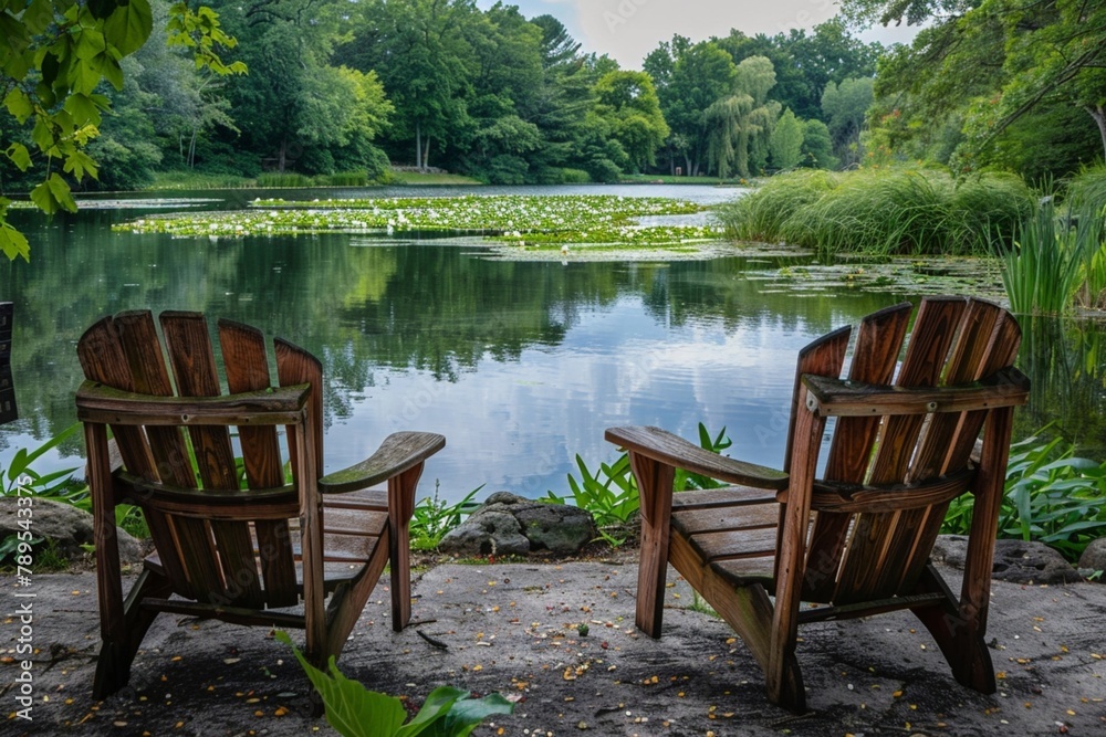 Two wooden chairs near the pond