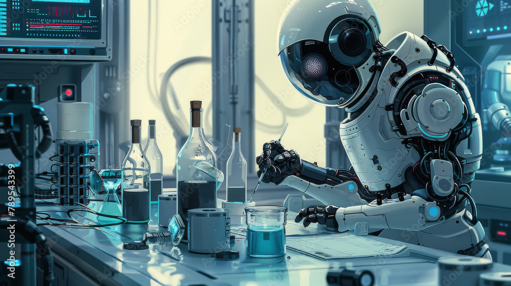 Robot taking notes and studying samples in a futuristic scientific research lab, ai generated Robot taking notes and studying samples in a futuristic scientific research lab, ai generated