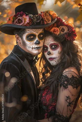 Dia de los Muertos themed portrayal of a male and female dressed as Catrina and Catrin with sugar skull makeup © Emanuel