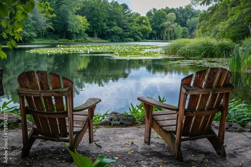 Two wooden chairs near the pond