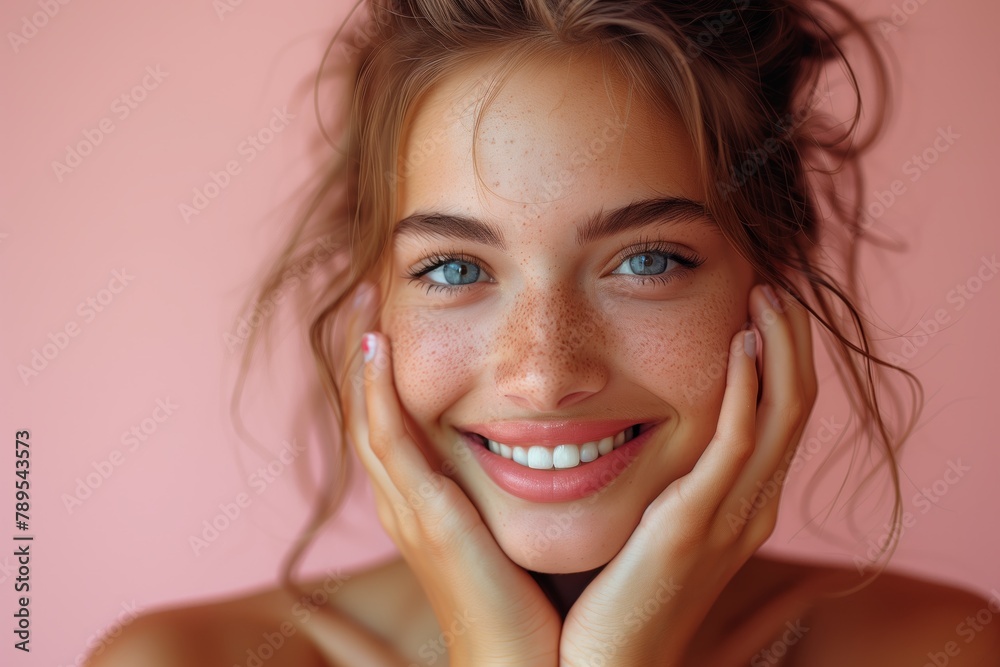 Smiling young woman with freckles touching her face Smiling young woman with freckles touching her face