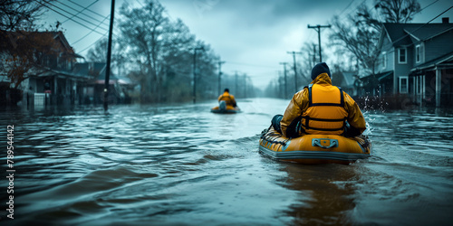 Rescue Team Navigating Flooded Waters. Flood consequences. Concept climat change.