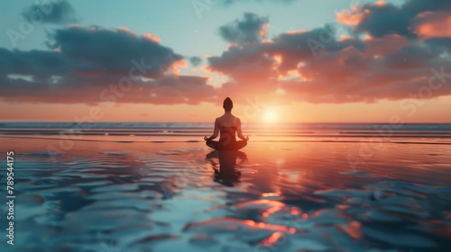 Persona che pratica yoga sulla spiaggia al mattino presto, con il sole che sorge all'orizzonte