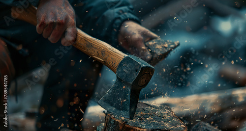 A close-up of someone chopping firewood with an ax shows the intense, physical action involved in this task. An ax over the firewood, dividing it into smaller pieces. photo