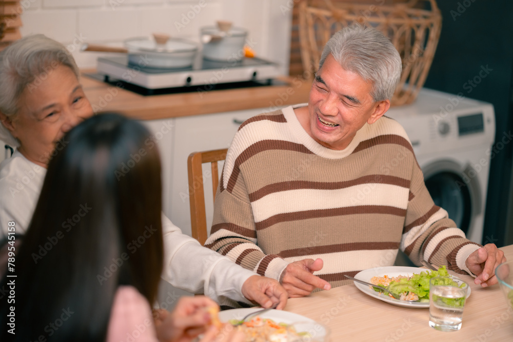 Family Togetherness in the Kitchen: Asian Mother Prepares a Happy Dinner, Joined by Father, Daughter, and Senior Elderly, Creating Fun and Memorable Meals, A Heartwarming Holiday Gathering