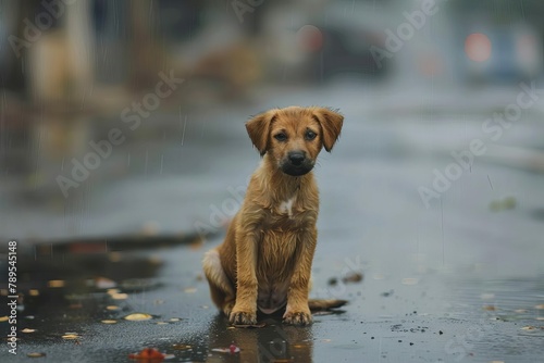 lonely stray dog sitting in the rain homeless abandoned puppy on street