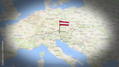 Austria flag showing on world map with 3d animation photo