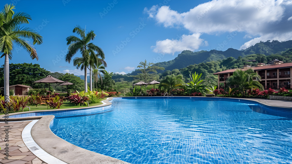 Swimming pool with palm trees and mountains in background. Nobody inside