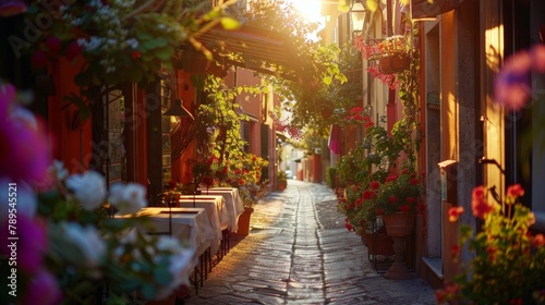 Ristorante italiano tipico con fiori nel vicolo storico al tramonto