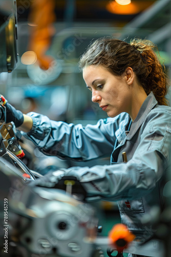 A skilled female technician operating advanced machinery in a contemporary car manufacturing facility