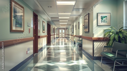 Serene and modern hospital corridor with gleaming floors and tranquil lighting © WAWAN