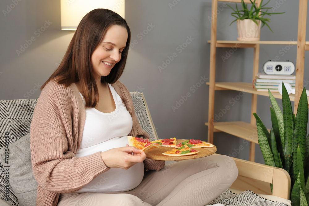 Brown haired Caucasian cheerful positive pregnant woman having delicious dinner enjoying fast food as snack holding plate with pizza sitting on sofa at home