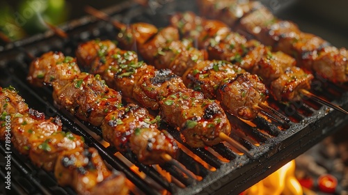 Close-up of satay skewers grilling on a barbecue. Enjoy the flame-cooked goodness. Share the barbecue delight