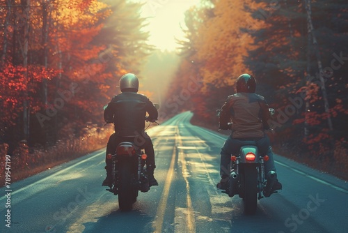 Two motorcyclists ride side by side down a scenic road surrounded by autumn foliage, with the setting sun casting a golden glow