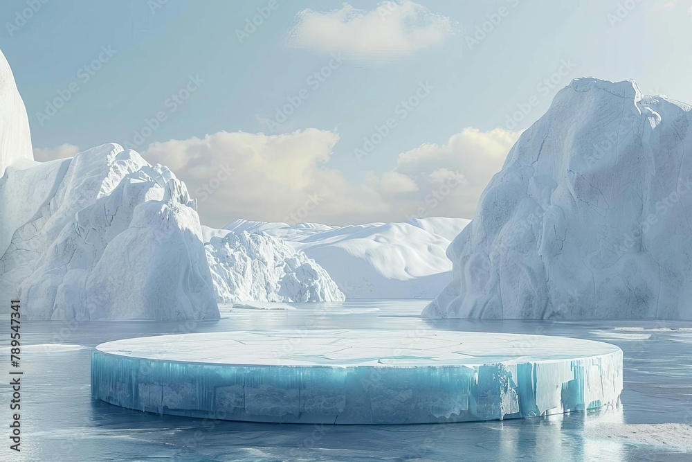 majestic ice podium in frozen arctic landscape winter product display concept 3d render