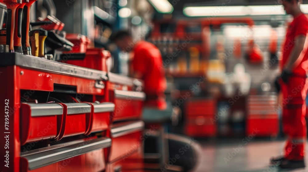 custom made wallpaper toronto digitalSelective focus of mechanic's toolbox with tools in drawers, blurred background, auto mechanic in workshop.