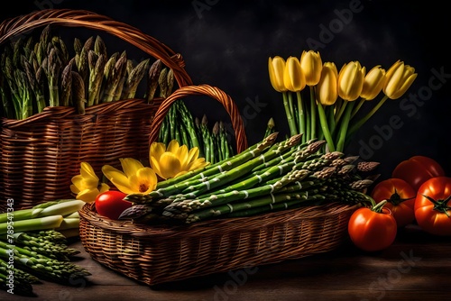 Basket have vegetables with tomato and tulips flowers.