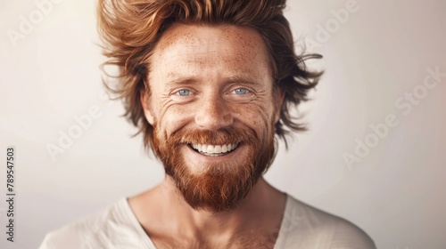 Closeup of happy attractive man with long wavy hair and freckles wears stylish t shirt looks happy and smiling isolated over white background photo