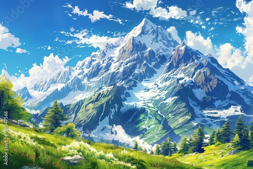 majestic mountain landscape with snowcapped peaks serene natural scenery digital painting