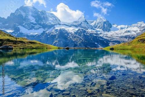 majestic snowcapped mountain peaks reflecting in crystal clear alpine lake landscape photo