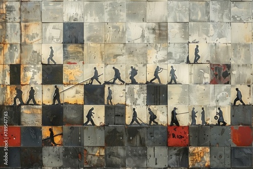 Against a mosaic of grayscale tiles, workers toil tirelessly, their efforts merging seamlessly with the geometric patterns of the industrial landscape.